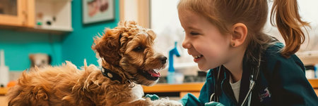 hild happily assisting a veterinarian, interacting with animals and showing a love for pets.の素材