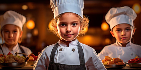 Children in professional kitchens, dressed as chefs, learning culinary arts.の素材