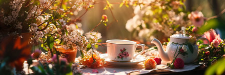 Spring tea party, background with a charming tea party surrounded by blooming flowers and greenery.の素材
