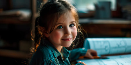 Child smiling while assisting an architect, perhaps holding .の素材