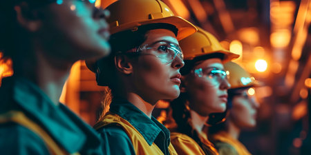 workers wearing hard hats and protective gear in construction and manufacturing.の素材