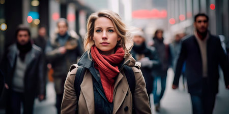 Girl in a dense crowd in the cityの素材