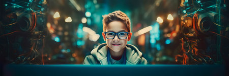 Smiling child programmer physicist specialist interacting with gadgets or studying a coding project.の素材