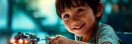 Child smiling while assisting an architect, perhaps holding .の素材