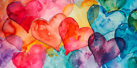Watercolor hearts background filled with vibrant and mixed heart shapes.の素材