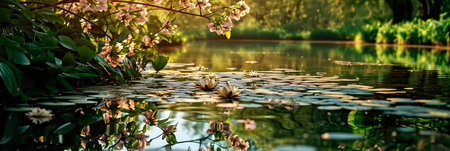 A serene spring pond reflecting spring flowers and foliage.の素材