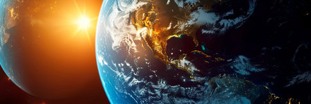 Earth from space during sunrise, capturing the warm glow of sunlight on the planet's surface. Generative AIの素材