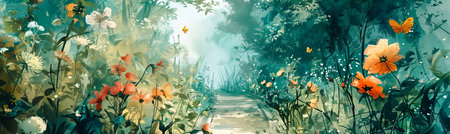 magical garden scene with watercolor flowers, butterflies. Generative AIの素材