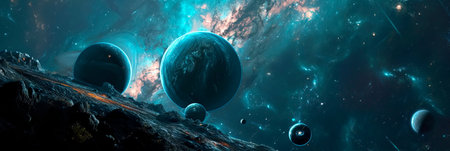 cosmic background with a nebula backdrop, complemented by silhouettes of planets and distant galaxies. Generative AIの素材