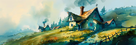 watercolor of fairytale cottages nestled among rolling hills, with smoke spiraling from charming chimneys. Generative AIの素材