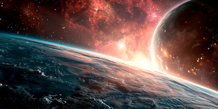 nebula illuminating a distant planet, conveying a sense of cosmic tranquility and beauty. Generative AIの素材