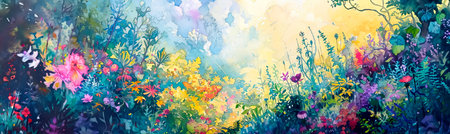 whimsical magical garden with bright flowers. Generative AIの素材