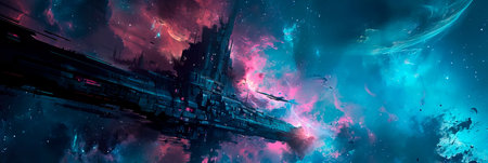 nebula forming the backdrop for a futuristic space station, blending elements of science fiction and astronomy , Generative AIの素材