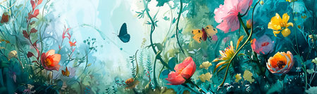 magical garden scene with watercolor flowers, butterflies. Generative AIの素材
