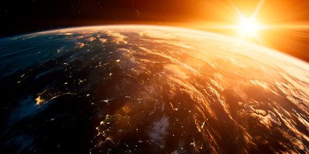 Panoramic view of the Earth, sun, star and galaxy. Generative AIの素材