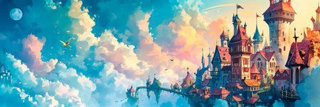 whimsical village in the clouds, connected by rainbow bridges and inhabited by friendly cloud dwellers. Generative AIの素材