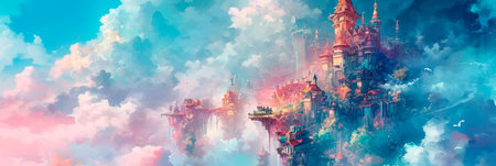 whimsical village in the clouds, connected by rainbow bridges and inhabited by friendly cloud dwellers. Generative AIの素材