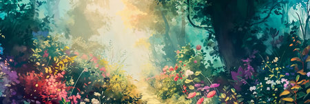 whimsical magical garden with bright flowers. Generative AIの素材