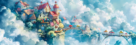 whimsical village in the clouds, connected by rainbow bridges and inhabited by friendly cloud dwellers. Generative AIの素材