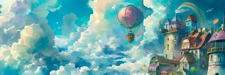 whimsical village in the clouds, connected by rainbow bridges and inhabited by friendly cloud dwellers. Generative AIの素材