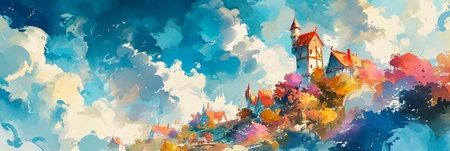 whimsical village in the clouds, connected by rainbow bridges and inhabited by friendly cloud dwellers. Generative AIの素材