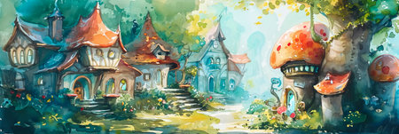 background depicting a charming village of mushroom houses, Generative AIの素材