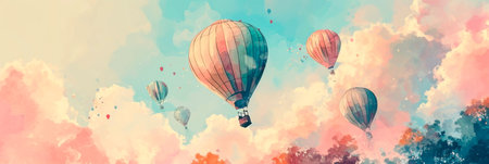 watercolor background of fairy-tale balloons drifting across the sky in pastel colors. Generative AIの素材
