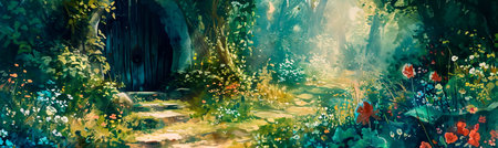 whimsical watercolor of a secret garden with hidden doorways, winding pathways, and fantastical flora. Generative AIの素材