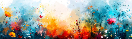 watercolor background of a magical meadow filled with sparkling dew drops and fluttering butterflies. Generative AIの素材