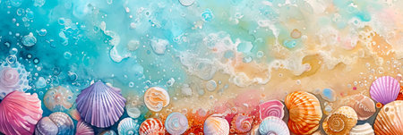watercolor background depicting a fairytale beach with colorful seashells. Generative AIの素材