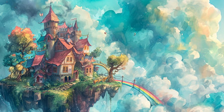 whimsical village in the clouds, connected by rainbow bridges and inhabited by friendly cloud dwellers. Generative AIの素材