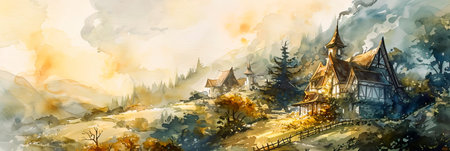 watercolor of fairytale cottages nestled among rolling hills, with smoke spiraling from charming chimneys. Generative AIの素材