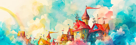 whimsical village in the clouds, connected by rainbow bridges and inhabited by friendly cloud dwellers. Generative AIの素材