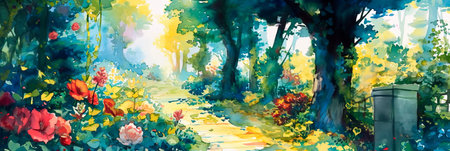 whimsical watercolor of a secret garden with hidden doorways, winding pathways, and fantastical flora. Generative AIの素材