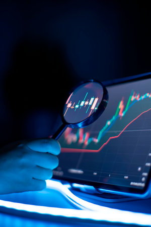 Businessman analyzes investment charts using a magnifying glass. Teamwork concept