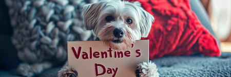 A cute dog holding a sign with an inscription in its paws sign with the inscription Valentines Dayの素材