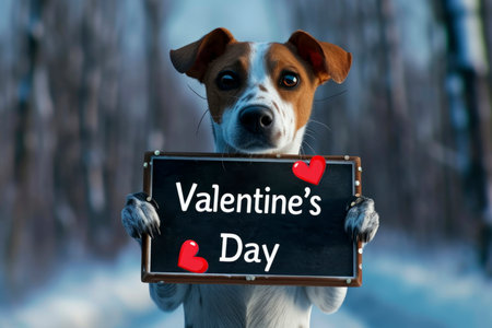 A cute dog holding a sign with an inscription in its paws sign with the inscription Valentines Dayの素材
