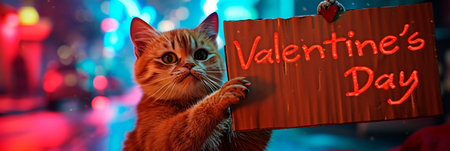 cute romantic cat holding a sign with an inscription in its paws sign with the inscription Valentines Dayの素材