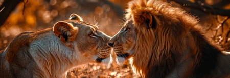 lion and a lioness in love admire each other in a paradise safariの素材