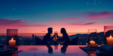 couple in love having dinner on a rooftop under the open skyの素材