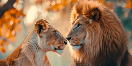 lion and a lioness in love admire each other in a paradise safariの素材