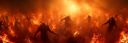 with demons and other hellish creatures dancing in the infernal fire.の素材