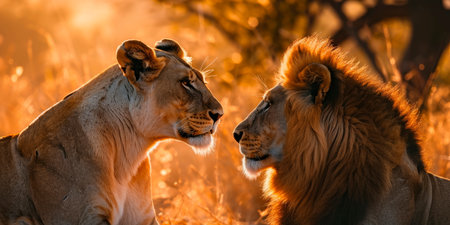lion and a lioness in love admire each other in a paradise safariの素材