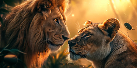 lion and a lioness in love admire each other in a paradise safariの素材