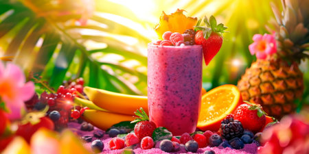 Delicious cocktail with a vibrant blend of fruits and colorful ingredients such as fresh berries and tropical fruits in the background,の素材