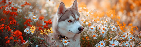 cute husky dog sitting among various flowers.の素材