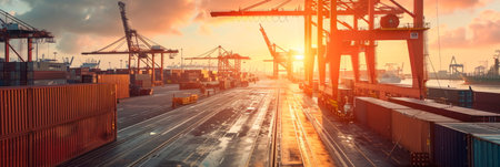 busy harbor with cargo containers, ships and loading equipment in an industrial setting.の素材