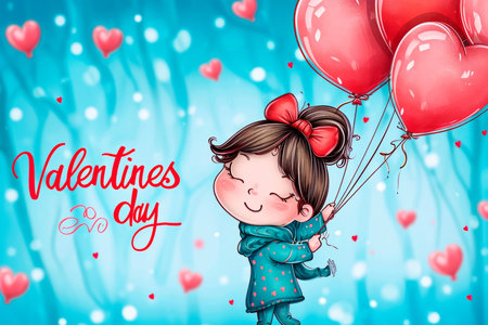 cute girl with balloons with inscription on blue background sign with the inscription Valentines dayの素材