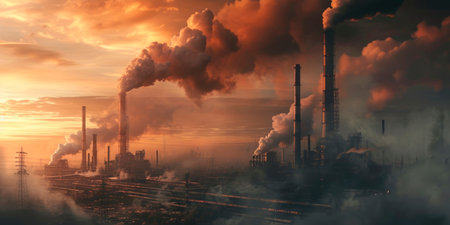 featuring a gritty industrial landscape with towering smokestacks and a network of pipelines against a moody sky.の素材