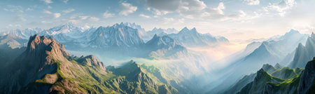 High mountain landscapes from a height, where mountain peaks and bright passes are visible.の素材